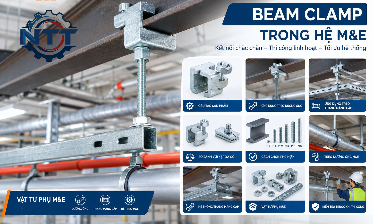 Beam Clamp kết hợp ty ren và đai treo đường ống M&E